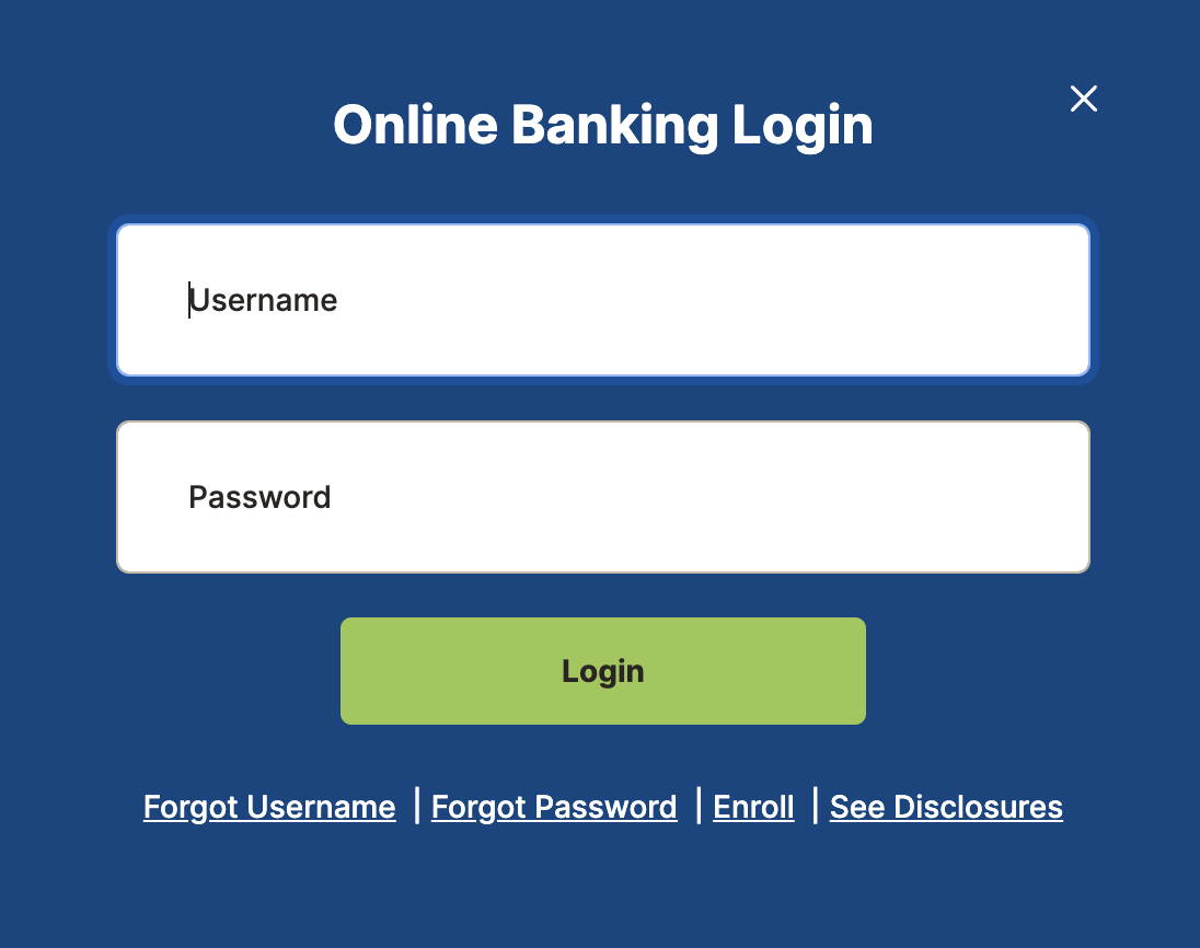 Online banking login modal