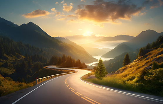 Road and sunset in Wyoming