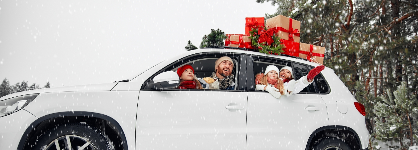 Family in car in snow